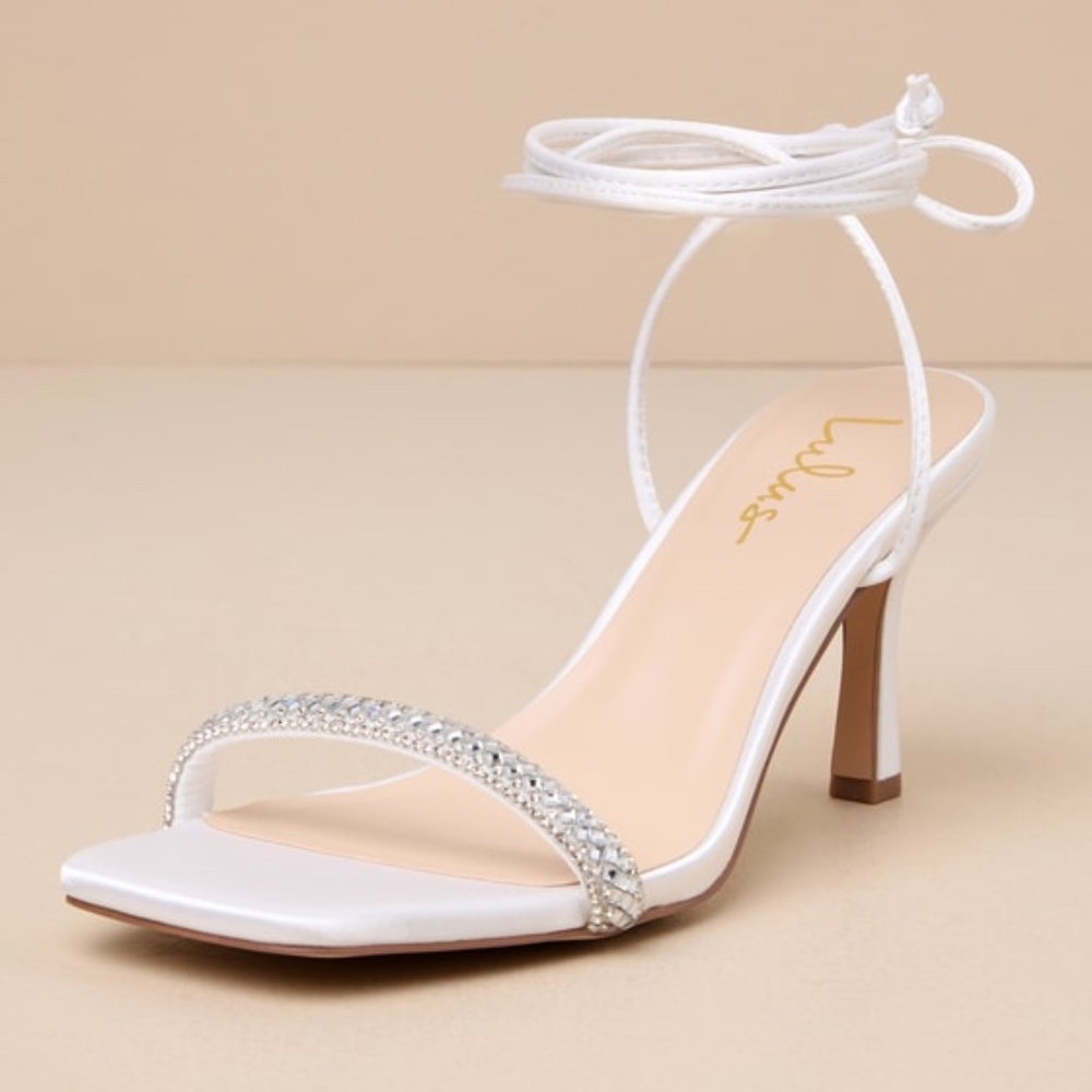 Lulus Ainslie White Satin Rhinestone Lace-up High Heel Sandals - Size 9
